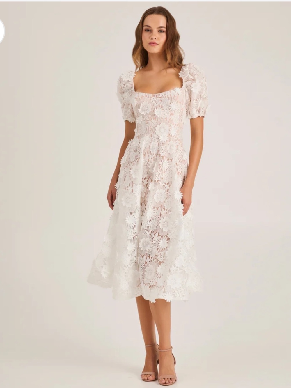 helsi mallory white tan floral lace puff sleeve fit & flare midi dress size XS